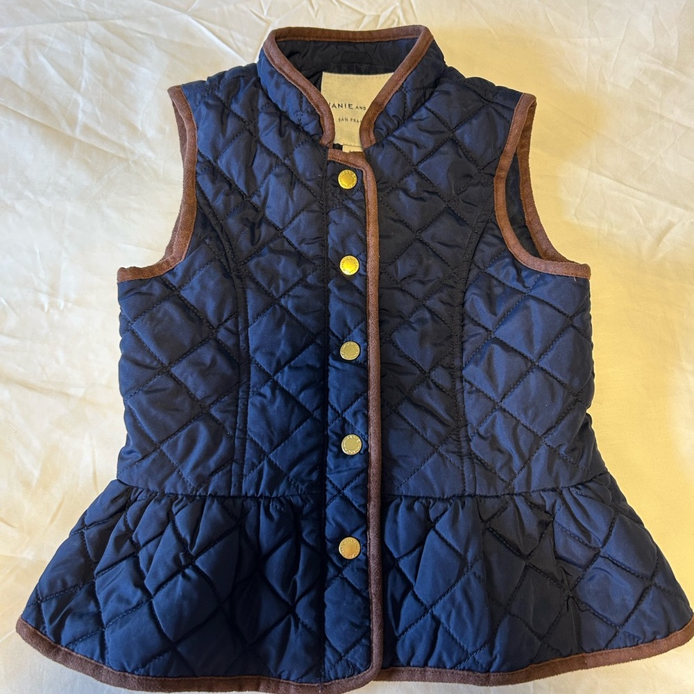 Navy Quilted Vest with Brown Trim
